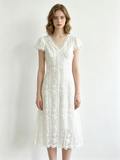 White Floral Lace V-Neck Short Sleeve Midi Dress