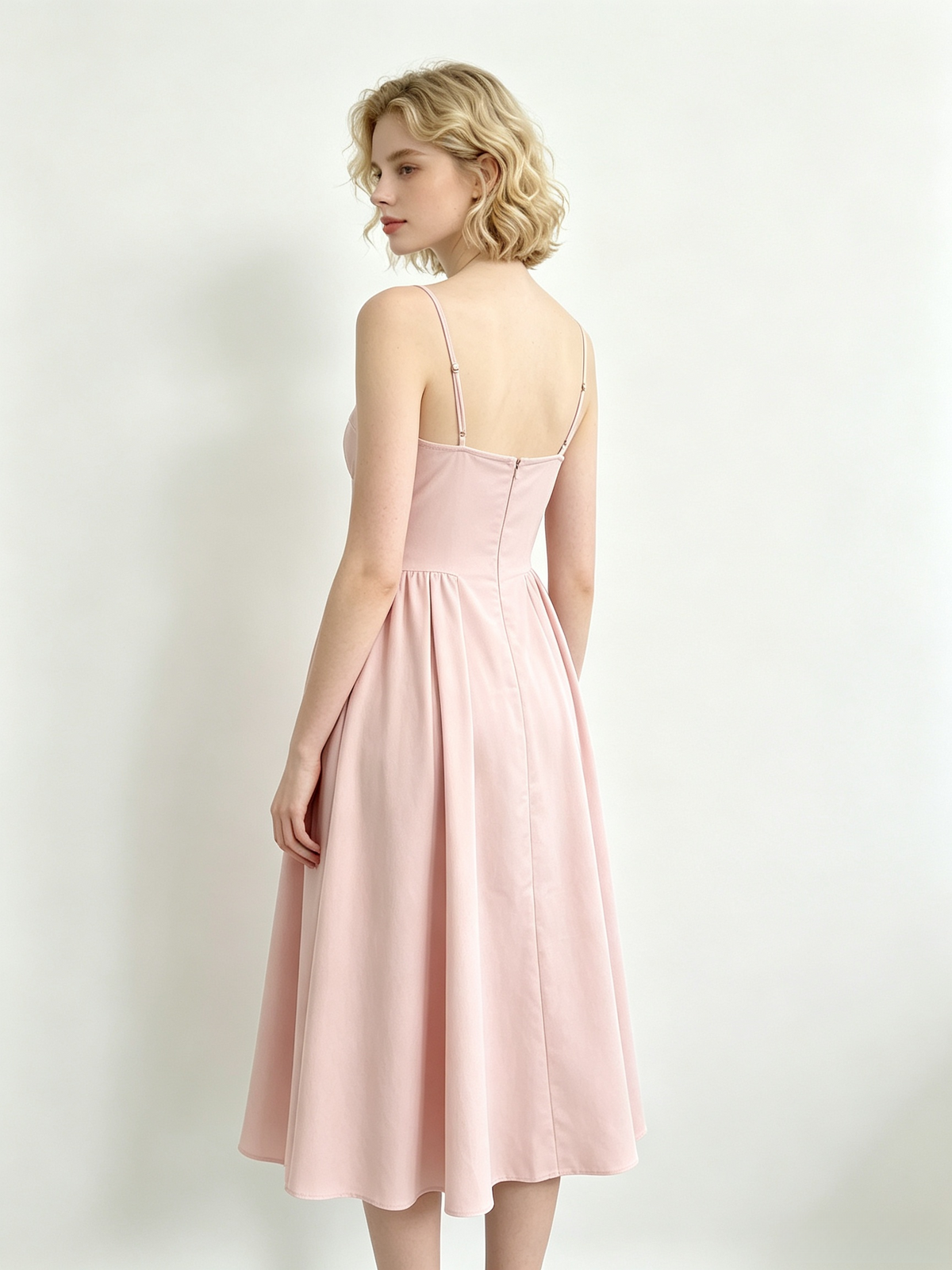 Pink Bustier Spaghetti Strap Flared Midi Dress