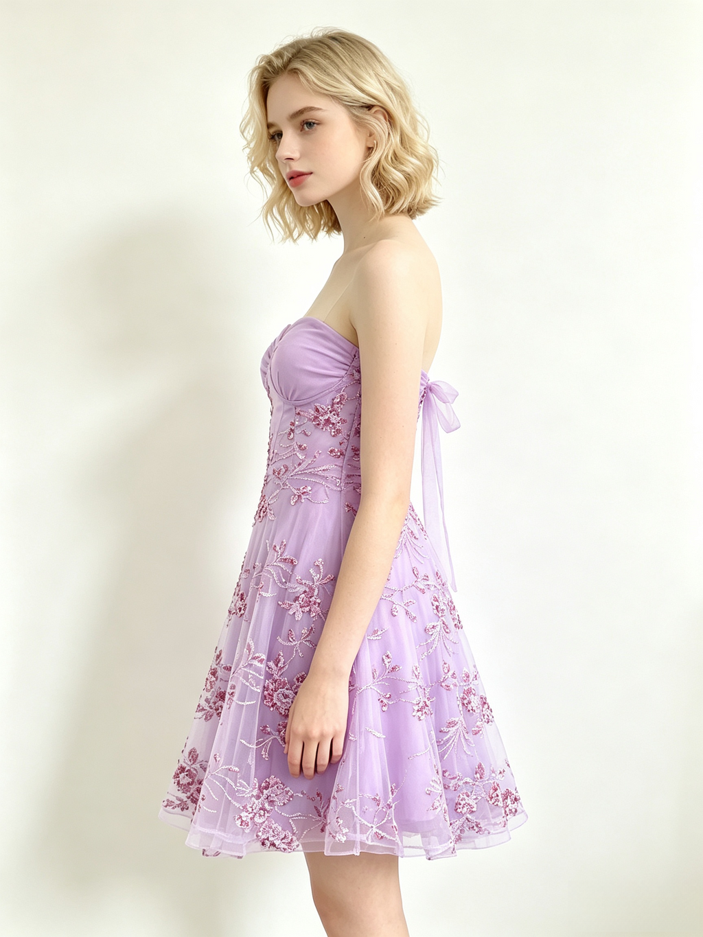 Lavender Floral Sequin Mesh Strapless Midi Skirt