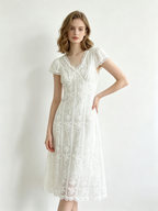 White Floral Lace V-Neck Short Sleeve Midi Dress