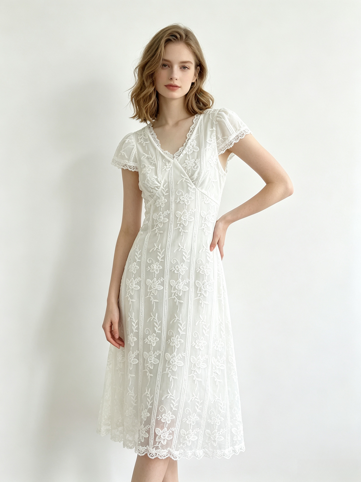 White Floral Lace V-Neck Short Sleeve Midi Dress
