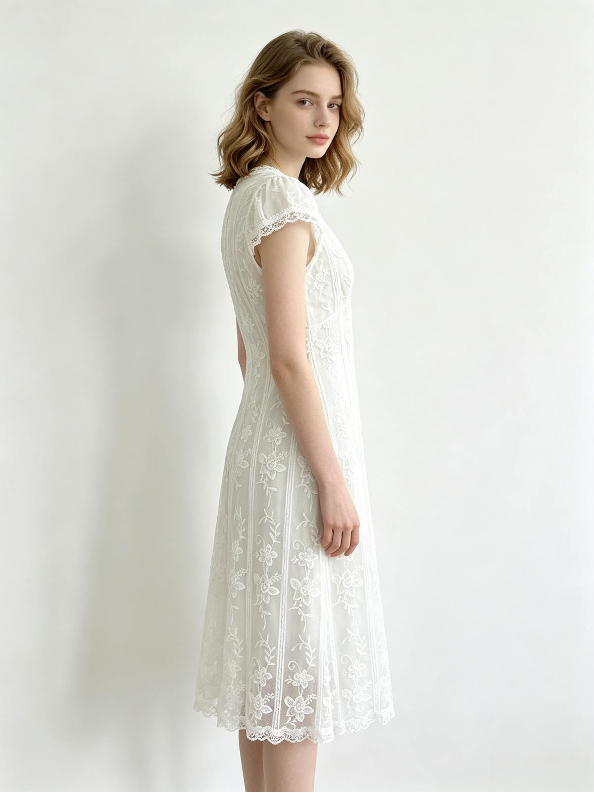 White Floral Lace V-Neck Short Sleeve Midi Dress