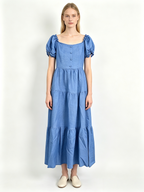 Blue Square Neck Puff Sleeve Tiered Chambray Midi Dress