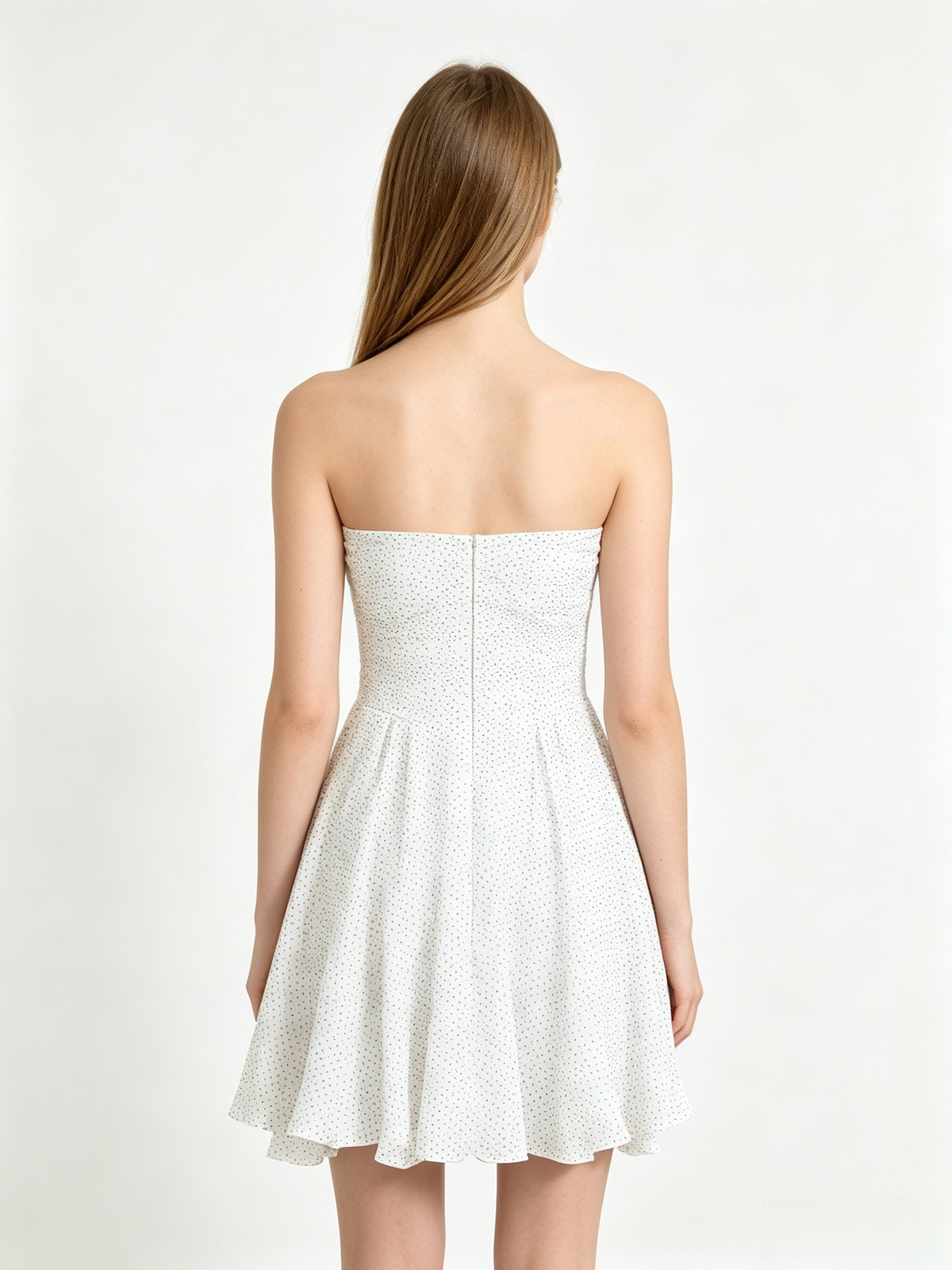 White Polka Dot Strapless Sweetheart Flared Mini Dress