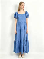Blue Square Neck Puff Sleeve Tiered Chambray Midi Dress