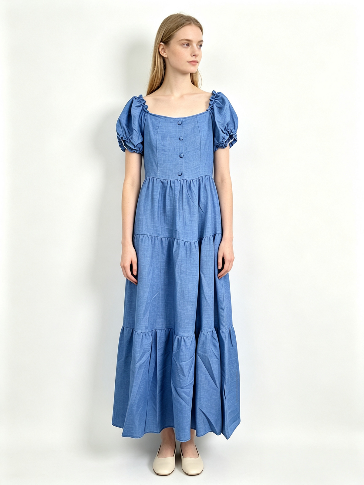 Blue Square Neck Puff Sleeve Tiered Chambray Midi Dress