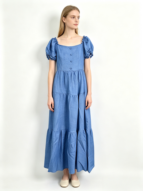 Blue Square Neck Puff Sleeve Tiered Chambray Midi Dress