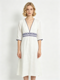 White Linen Ethnic Embroidery V-Neck 3/4 Sleeve Midi Dress