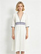 White Linen Ethnic Embroidery V-Neck 3/4 Sleeve Midi Dress