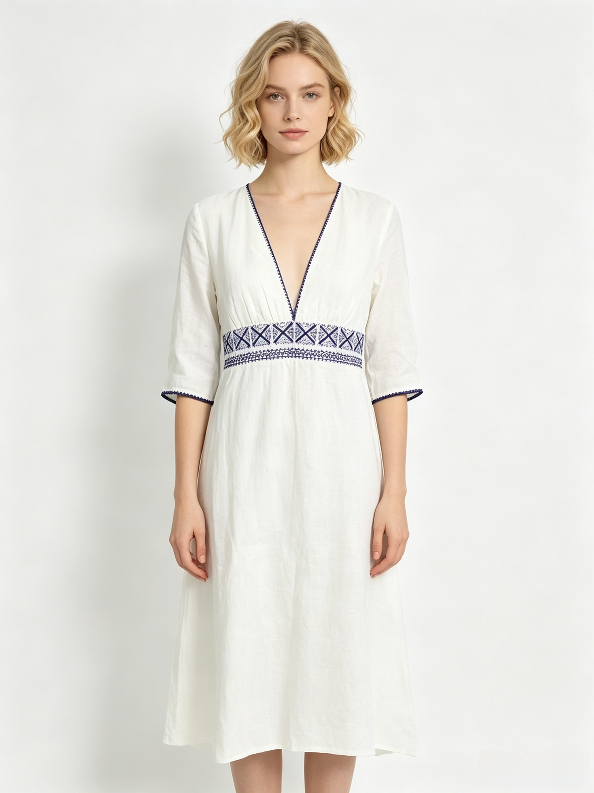 White Linen Ethnic Embroidery V-Neck 3/4 Sleeve Midi Dress