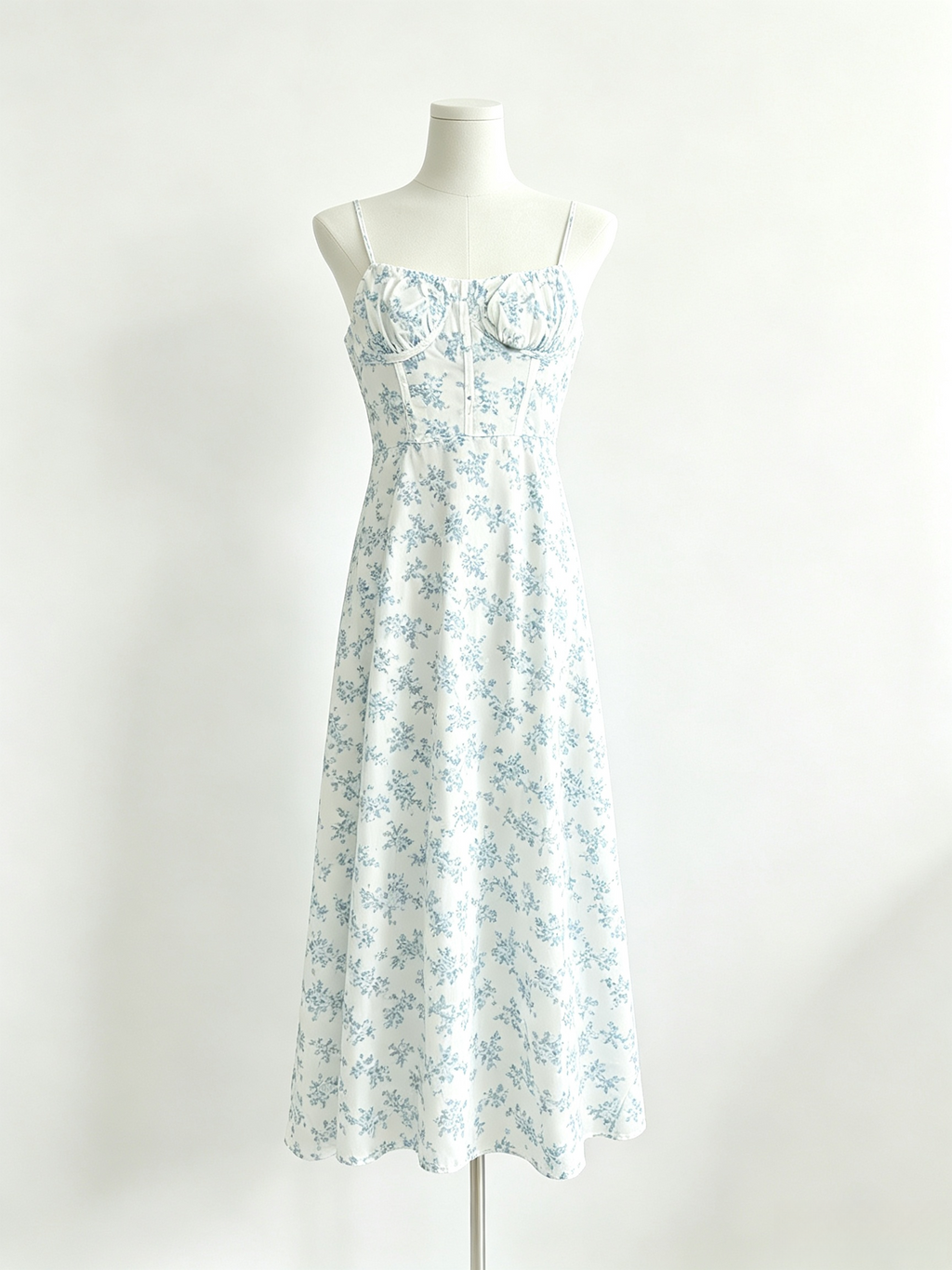 Blue Floral Corset Bust Tie Open Back Midi Cami Dress