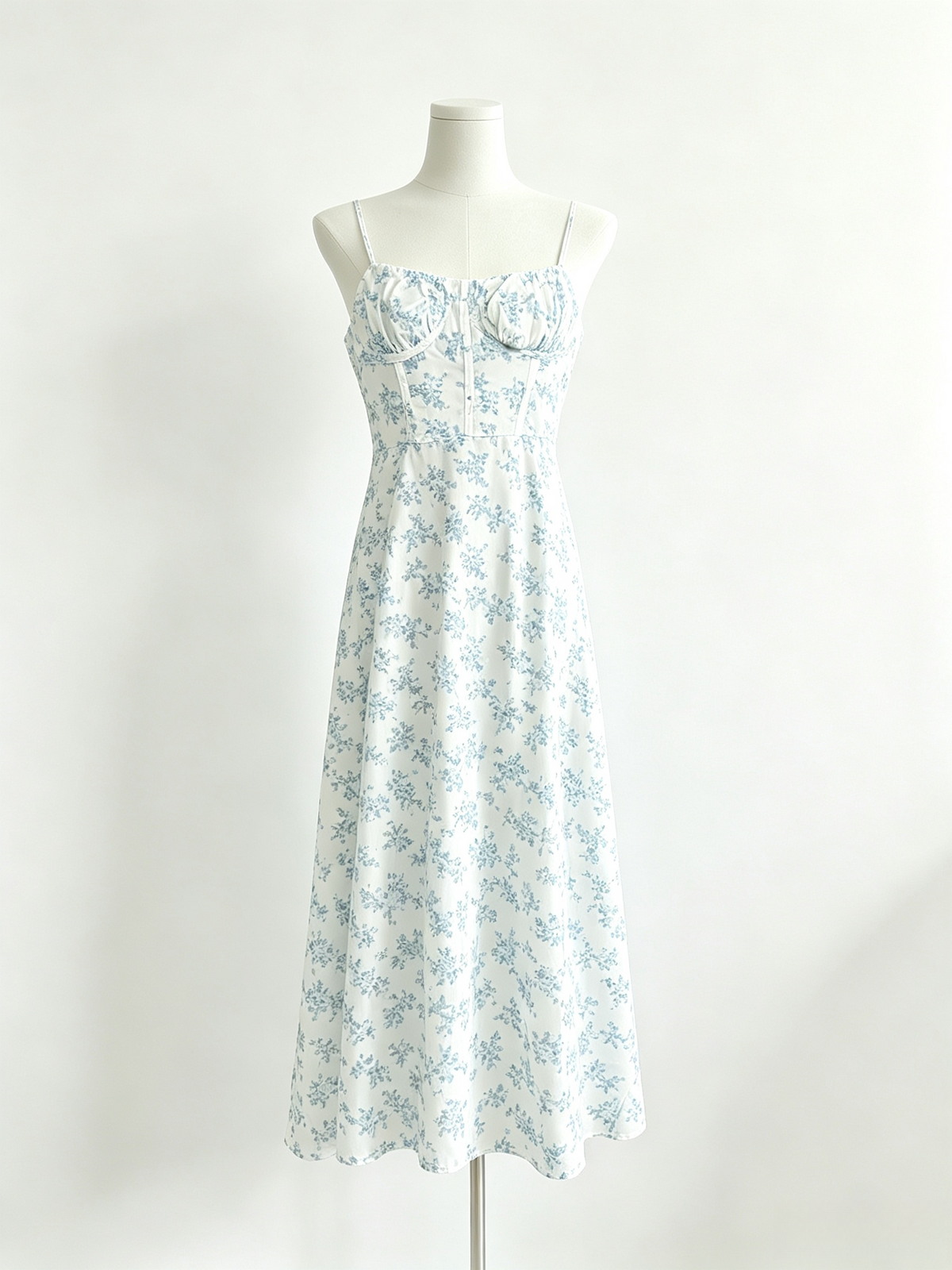 Blue Floral Corset Bust Tie Open Back Midi Cami Dress