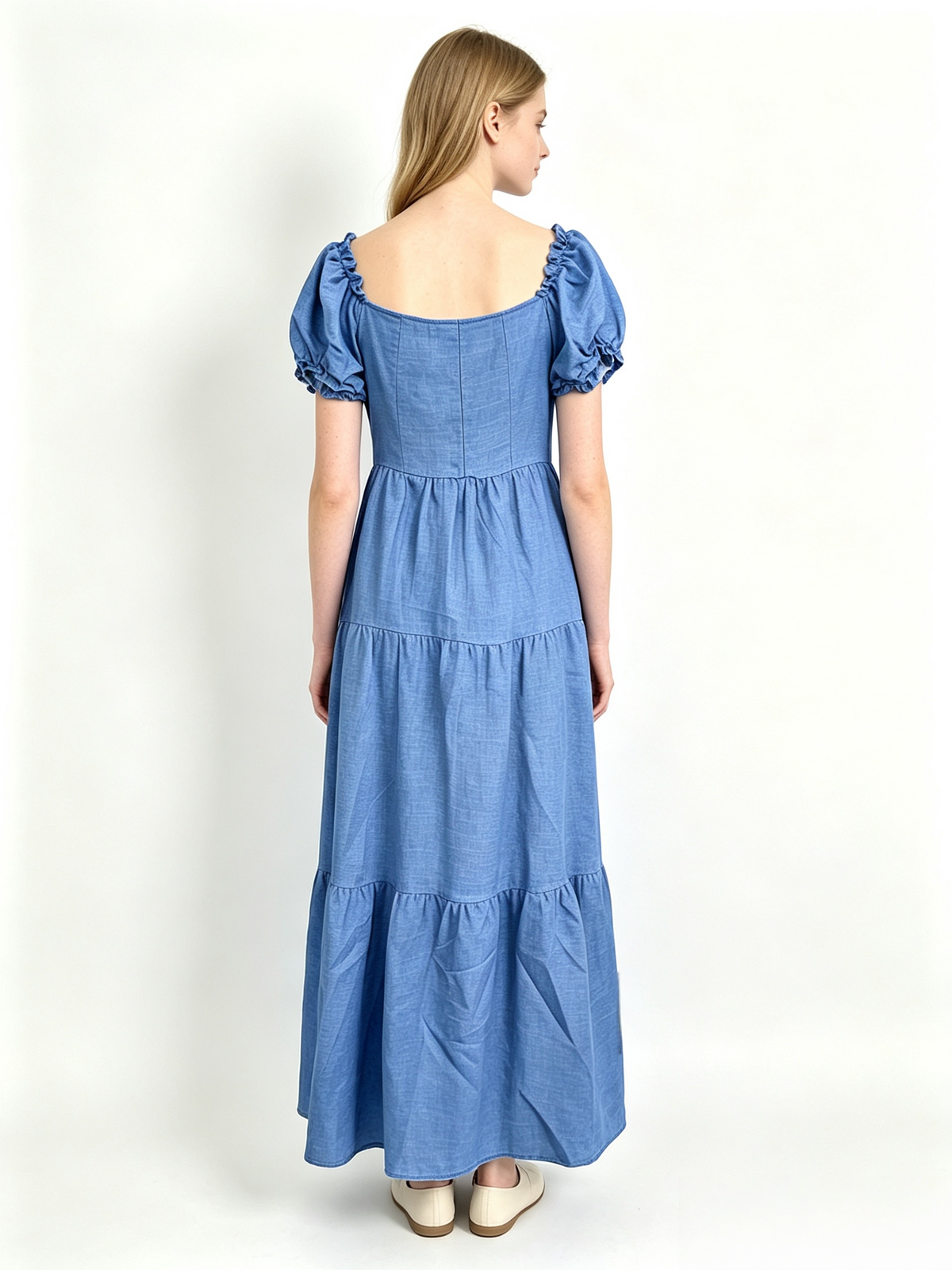 Blue Square Neck Puff Sleeve Tiered Chambray Midi Dress