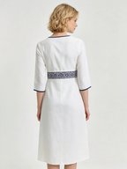 White Linen Ethnic Embroidery V-Neck 3/4 Sleeve Midi Dress