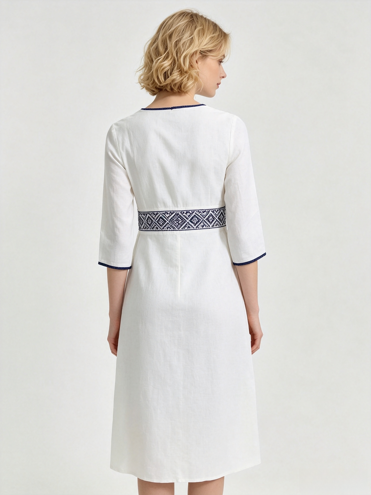 White Linen Ethnic Embroidery V-Neck 3/4 Sleeve Midi Dress