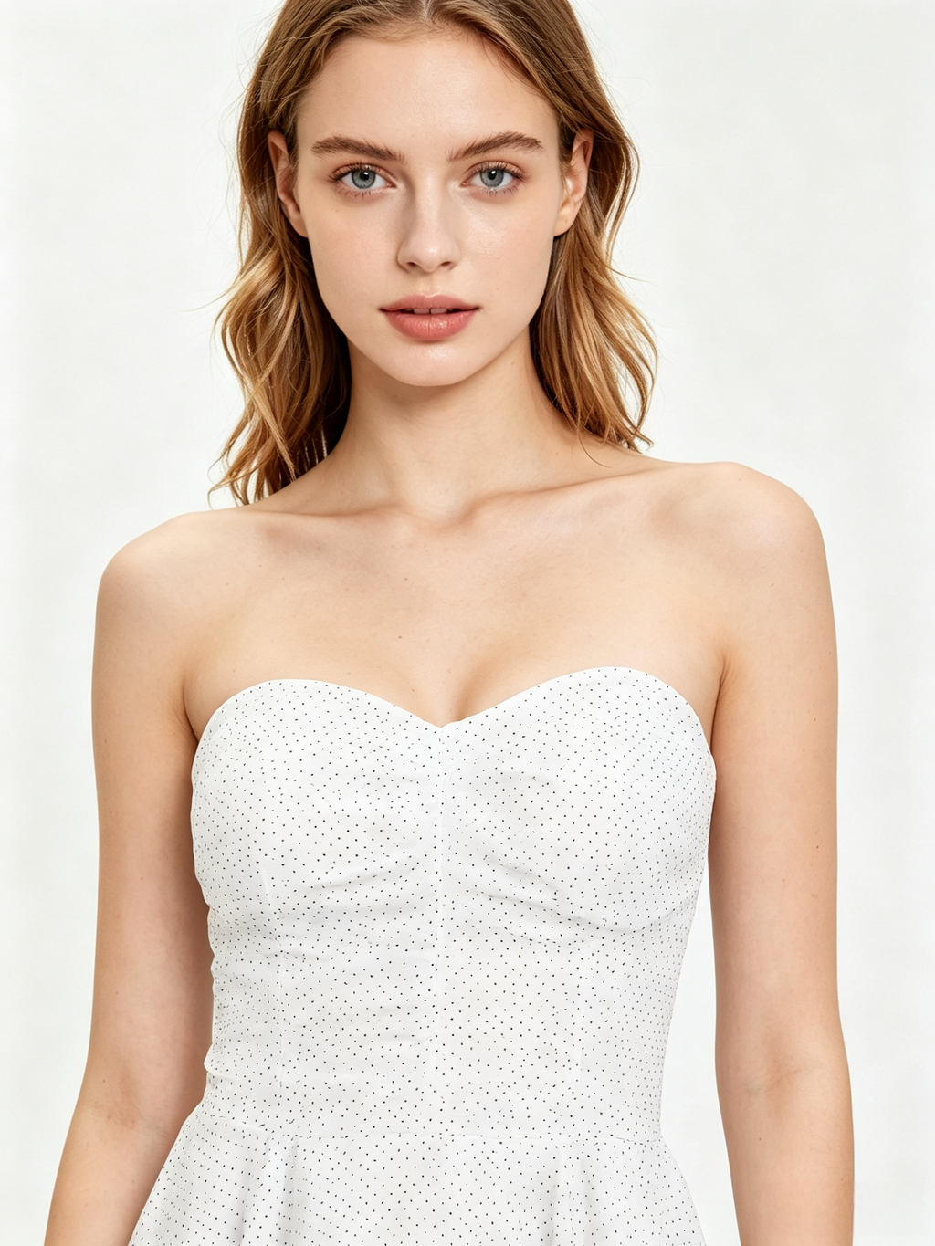 White Polka Dot Strapless Sweetheart Flared Mini Dress