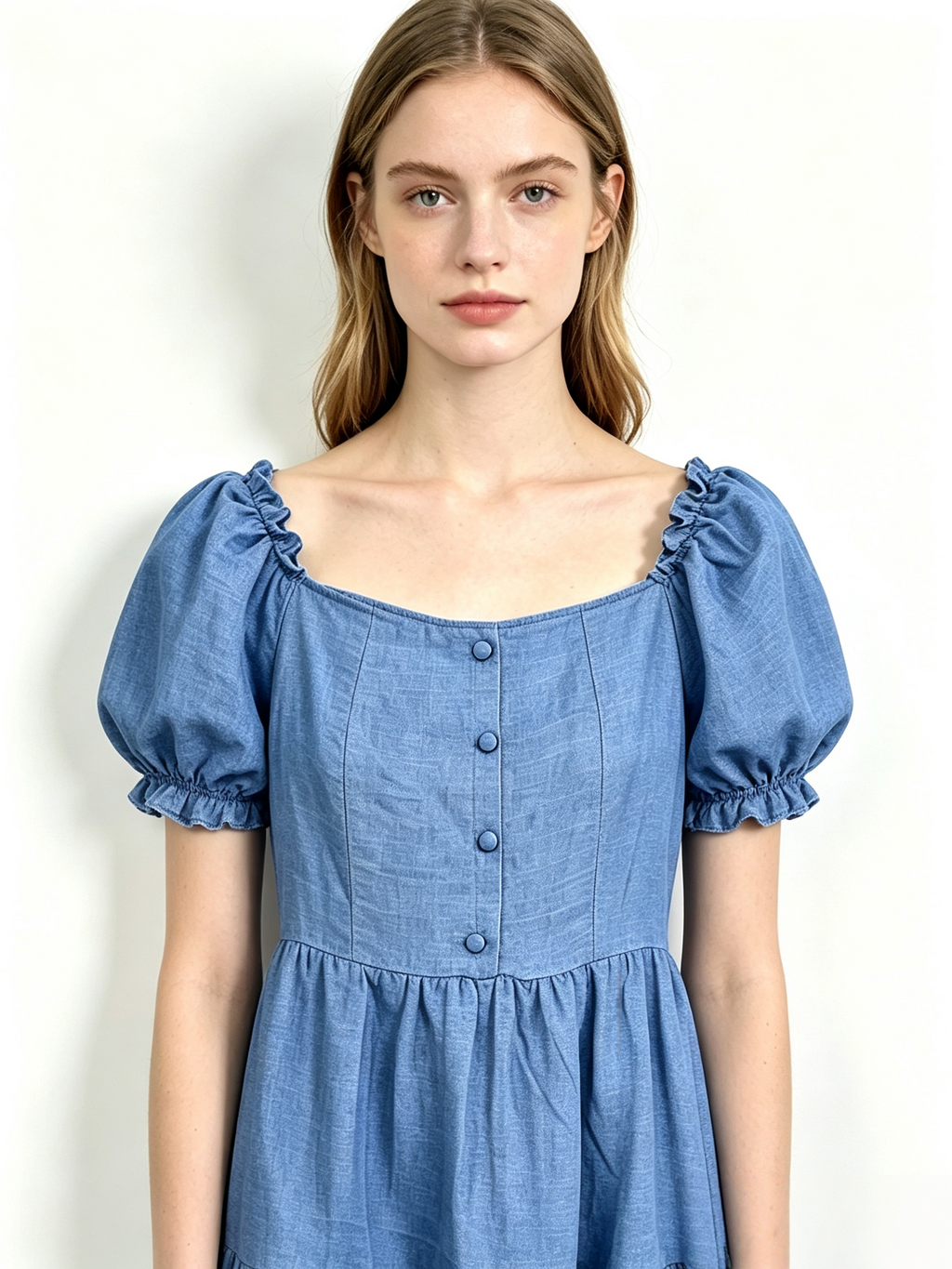 Blue Square Neck Puff Sleeve Tiered Chambray Midi Dress
