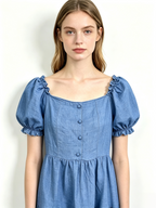 Blue Square Neck Puff Sleeve Tiered Chambray Midi Dress