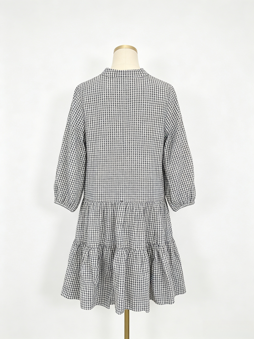 Black White Gingham V-Neck Tiered 3/4 Sleeve Mini Dress