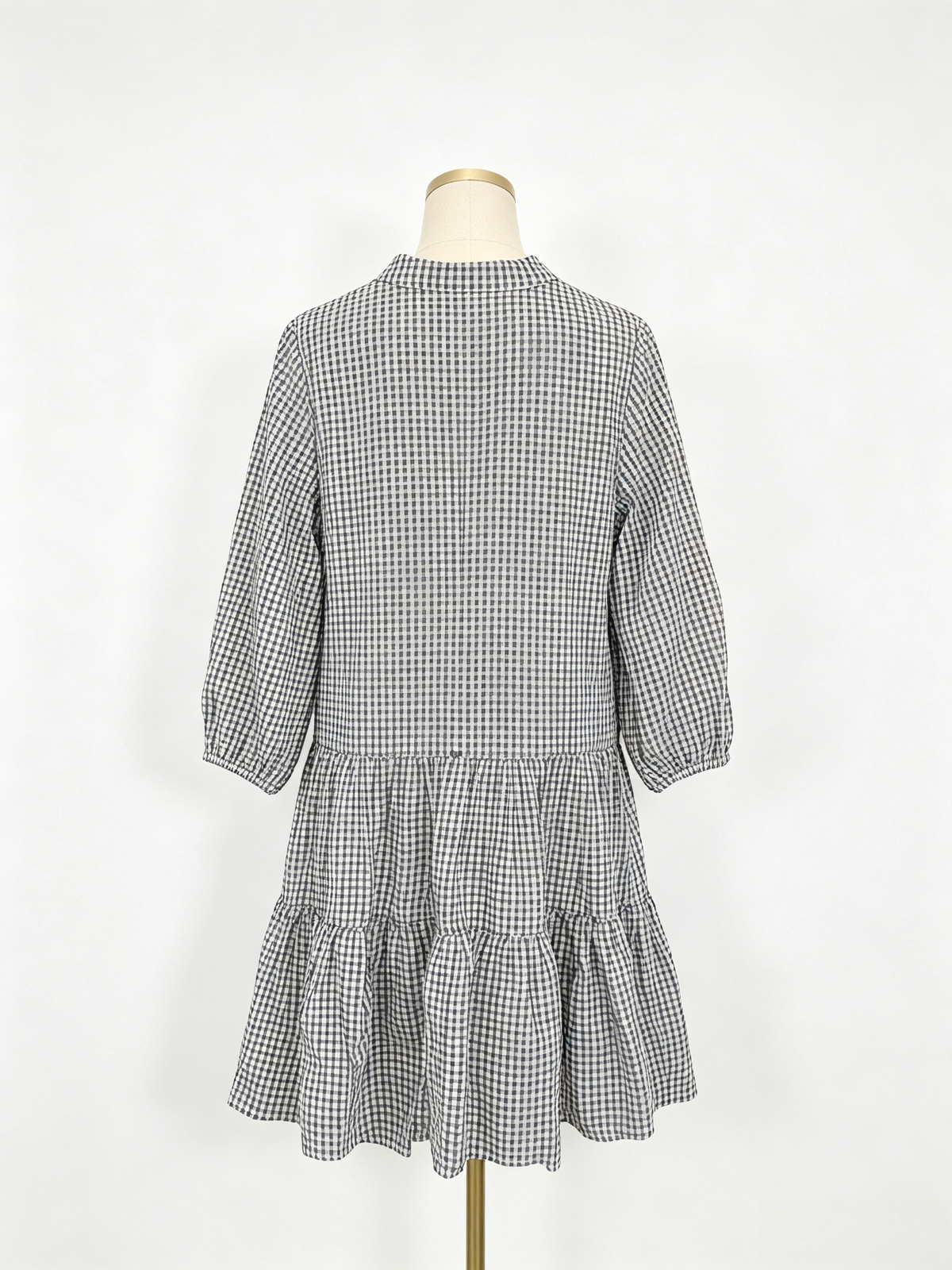 Black White Gingham V-Neck Tiered 3/4 Sleeve Mini Dress