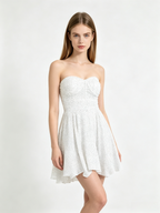 White Polka Dot Strapless Sweetheart Flared Mini Dress