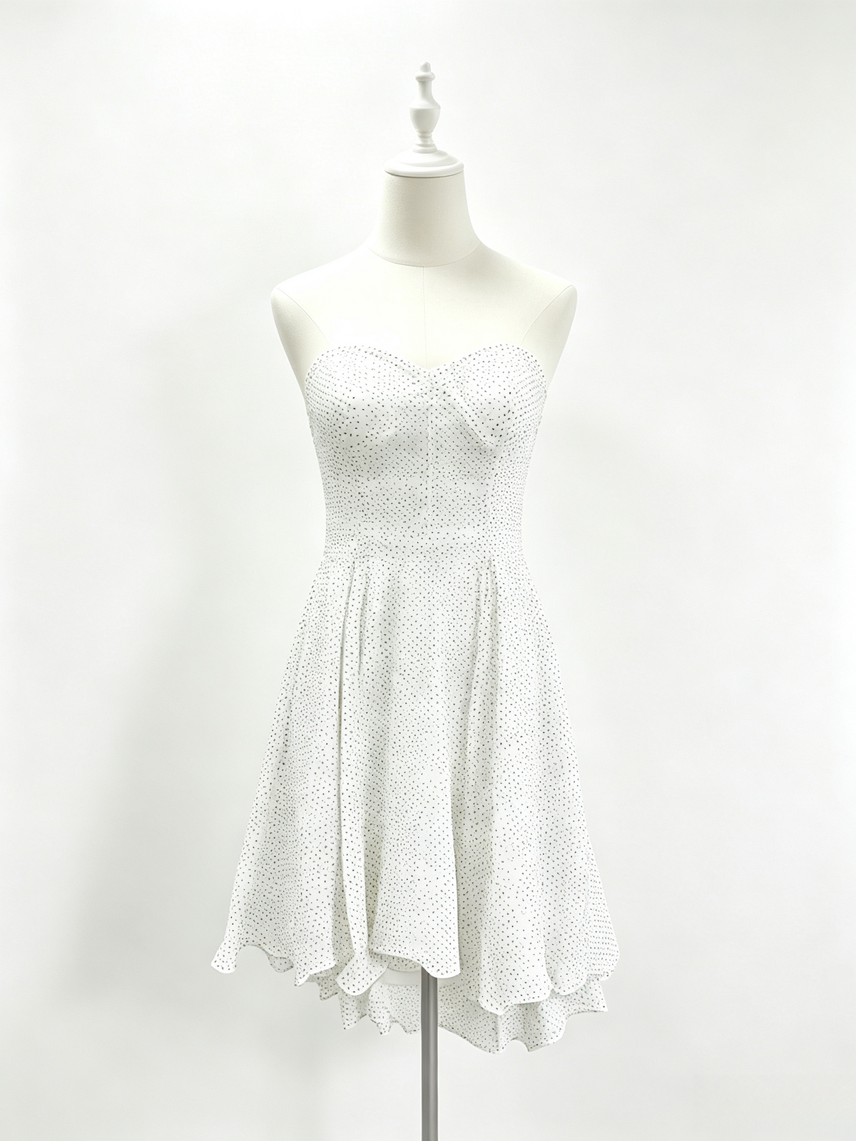 White Polka Dot Strapless Sweetheart Flared Mini Dress