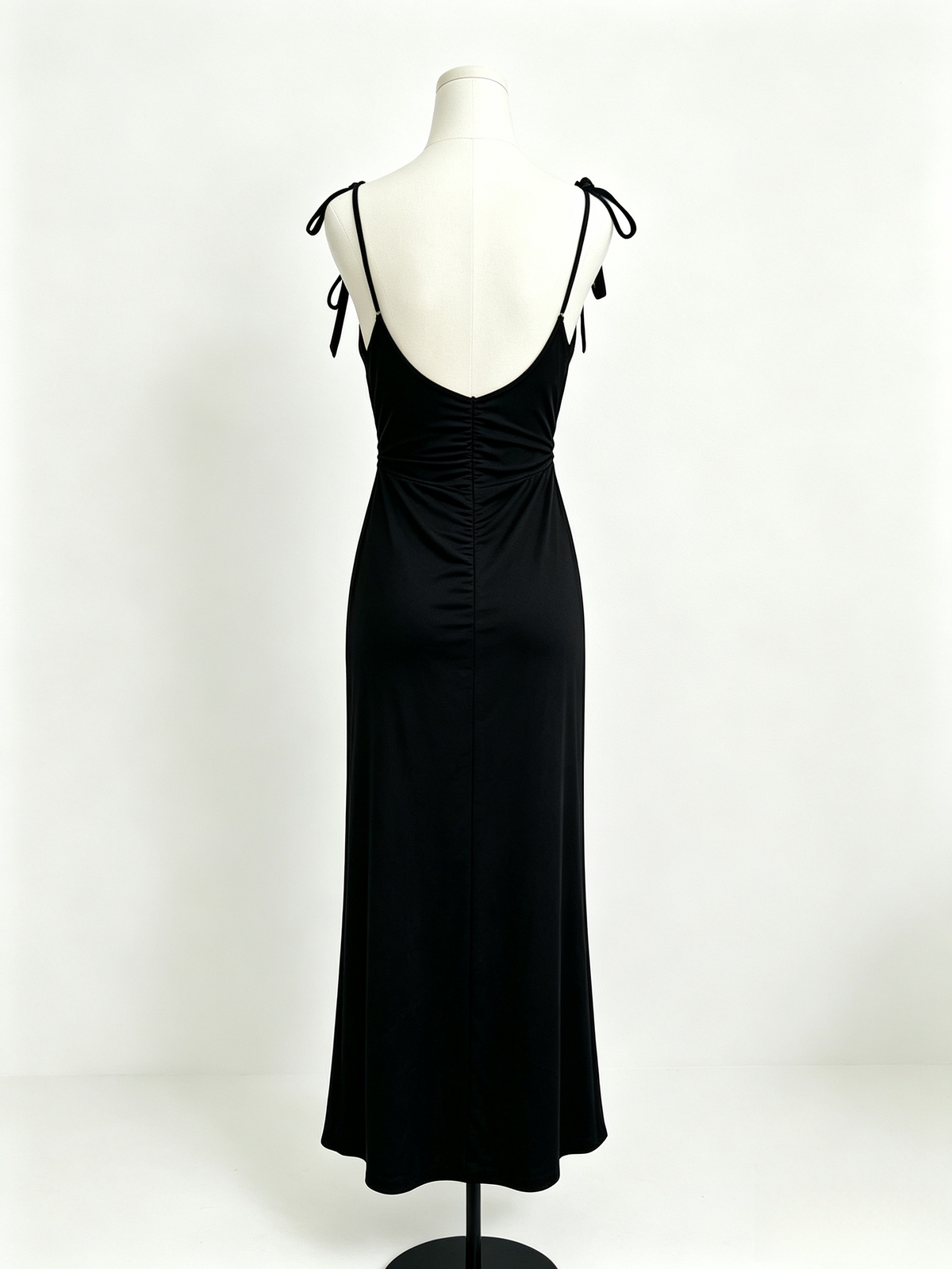 Black Self-Tie Strap Deep V Backless Ruched Maxi Dress
