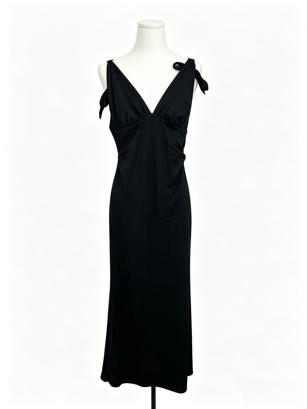Black Self-Tie Strap Deep V Backless Ruched Maxi Dress