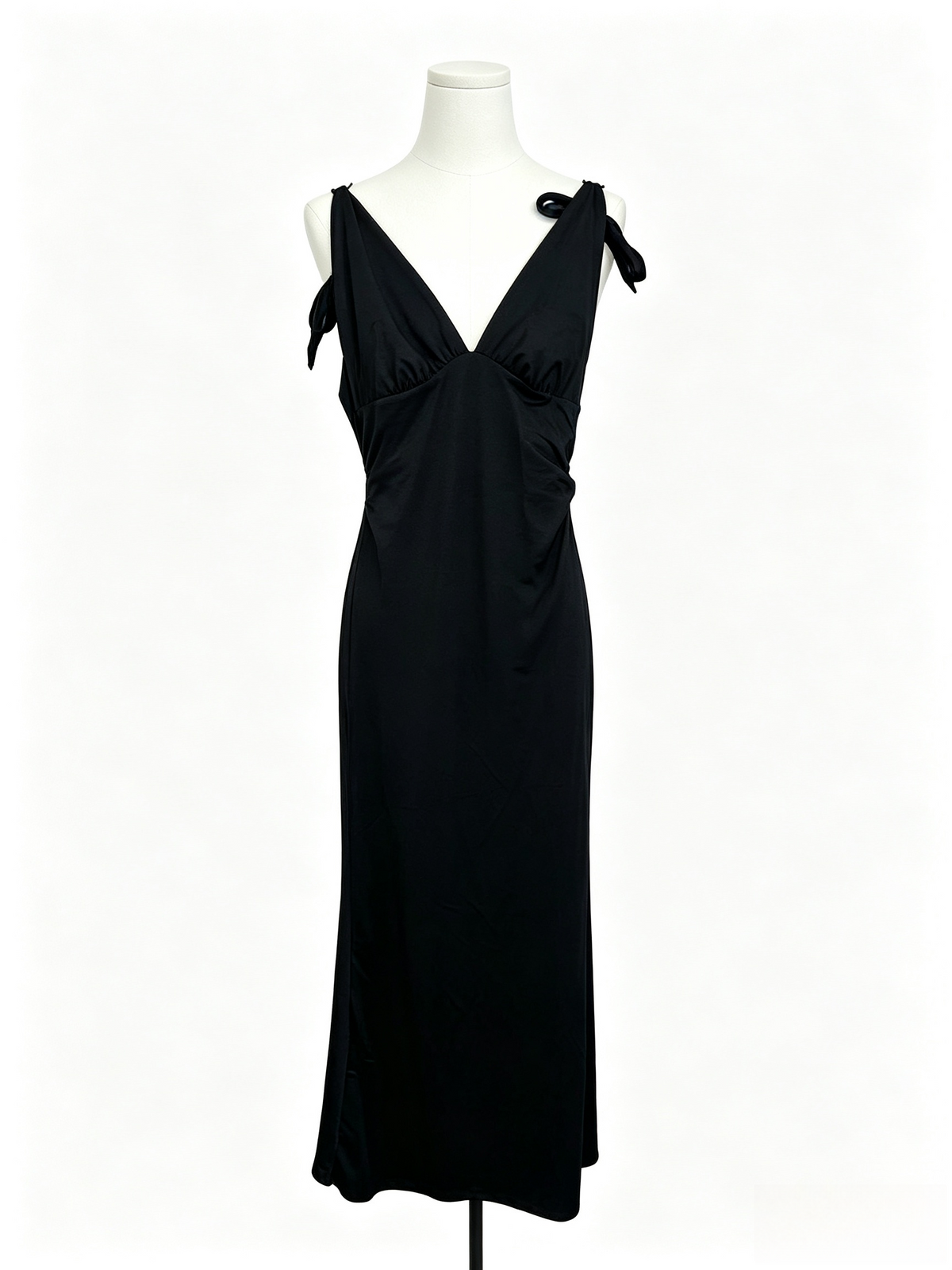 Black Self-Tie Strap Deep V Backless Ruched Maxi Dress