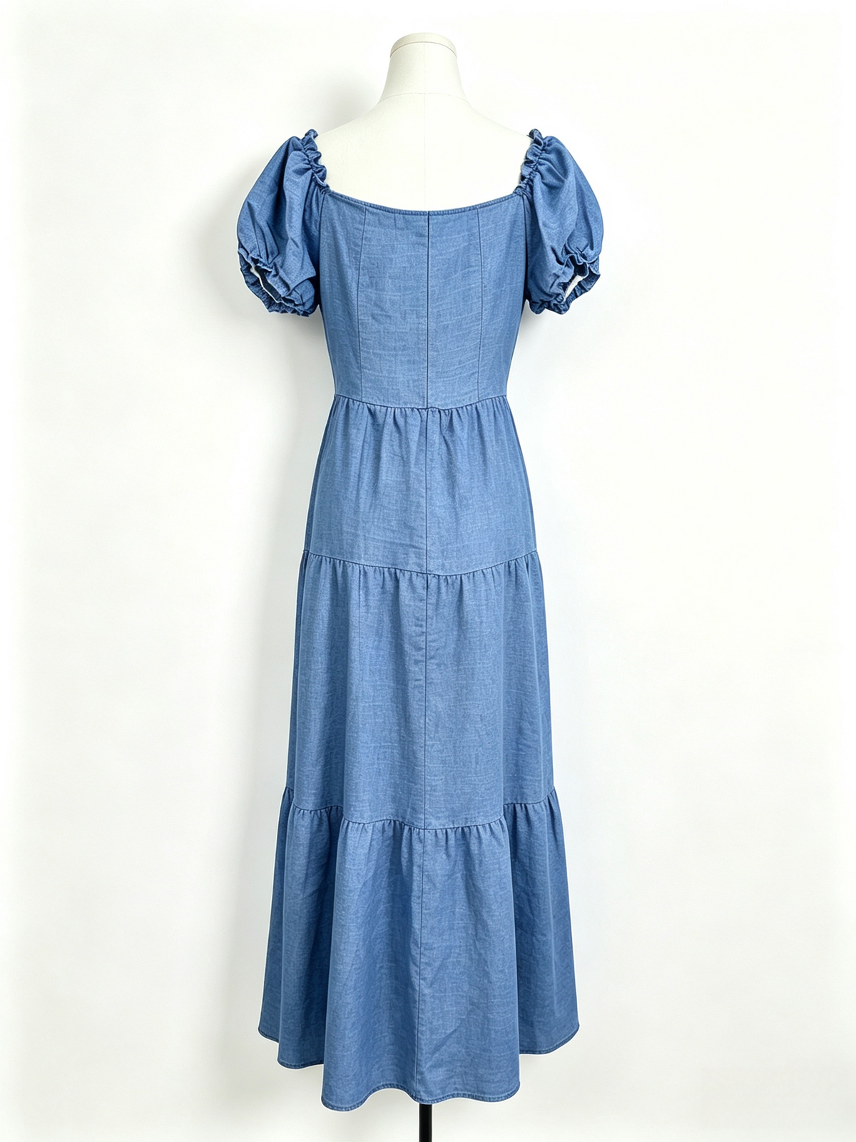 Blue Square Neck Puff Sleeve Tiered Chambray Midi Dress