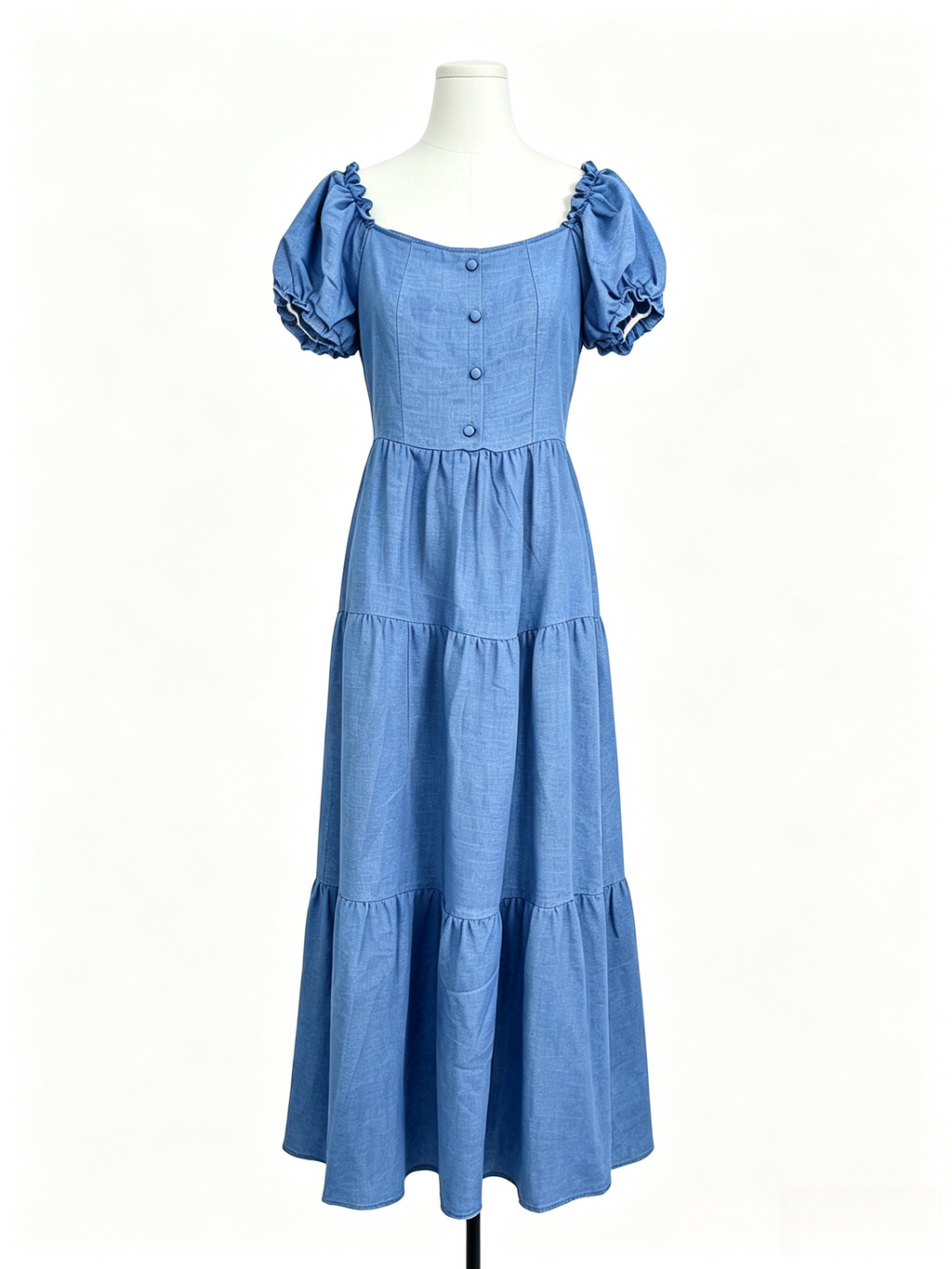 Blue Square Neck Puff Sleeve Tiered Chambray Midi Dress