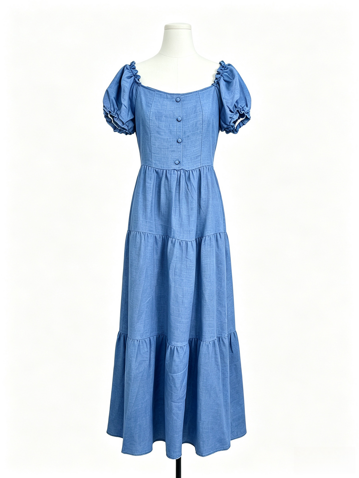 Blue Square Neck Puff Sleeve Tiered Chambray Midi Dress