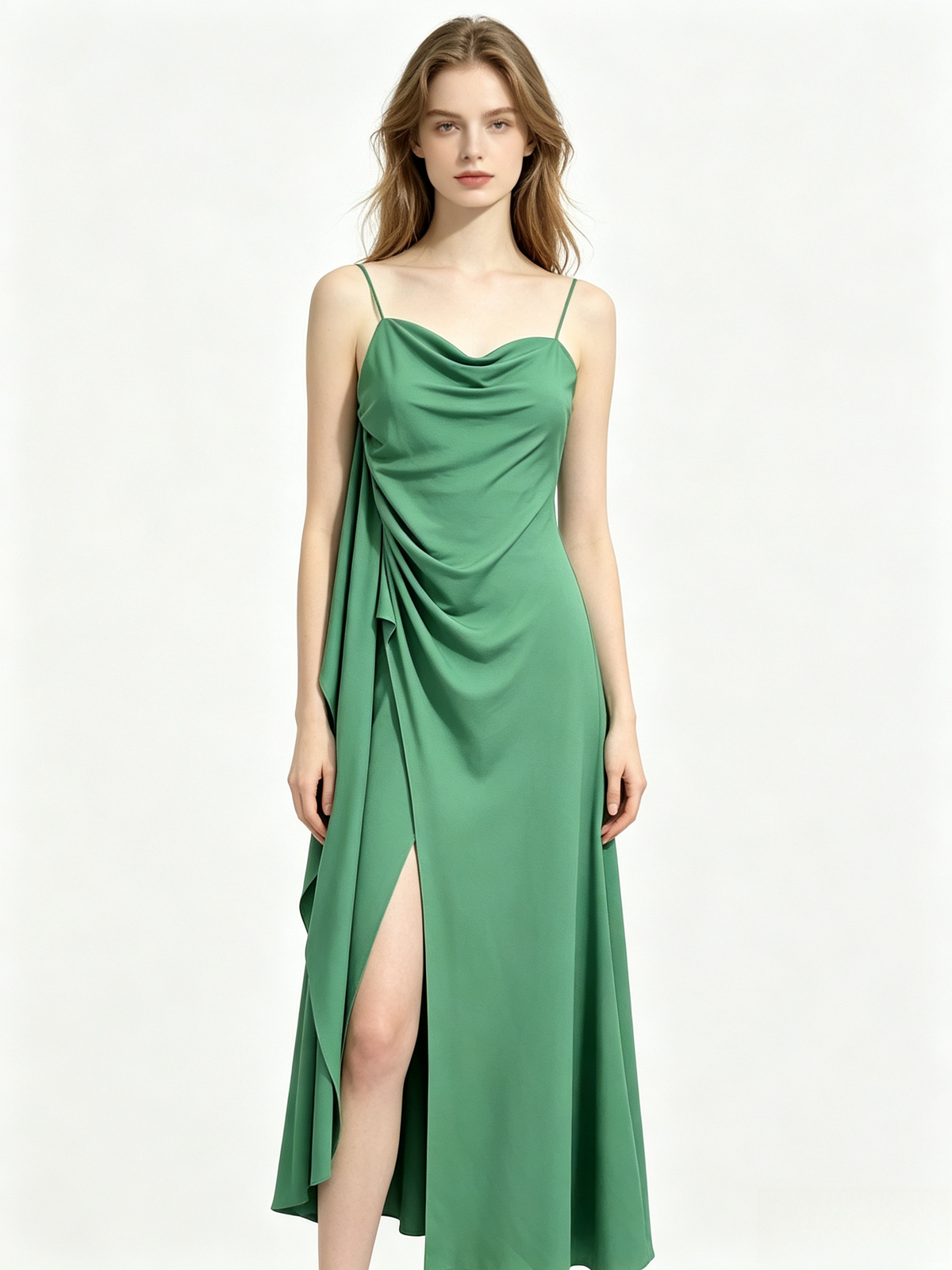 Green Satin Cowl Neck Draped Slit Maxi Slip Dress