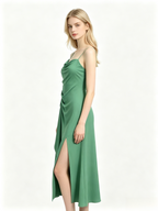 Green Satin Cowl Neck Draped Slit Maxi Slip Dress