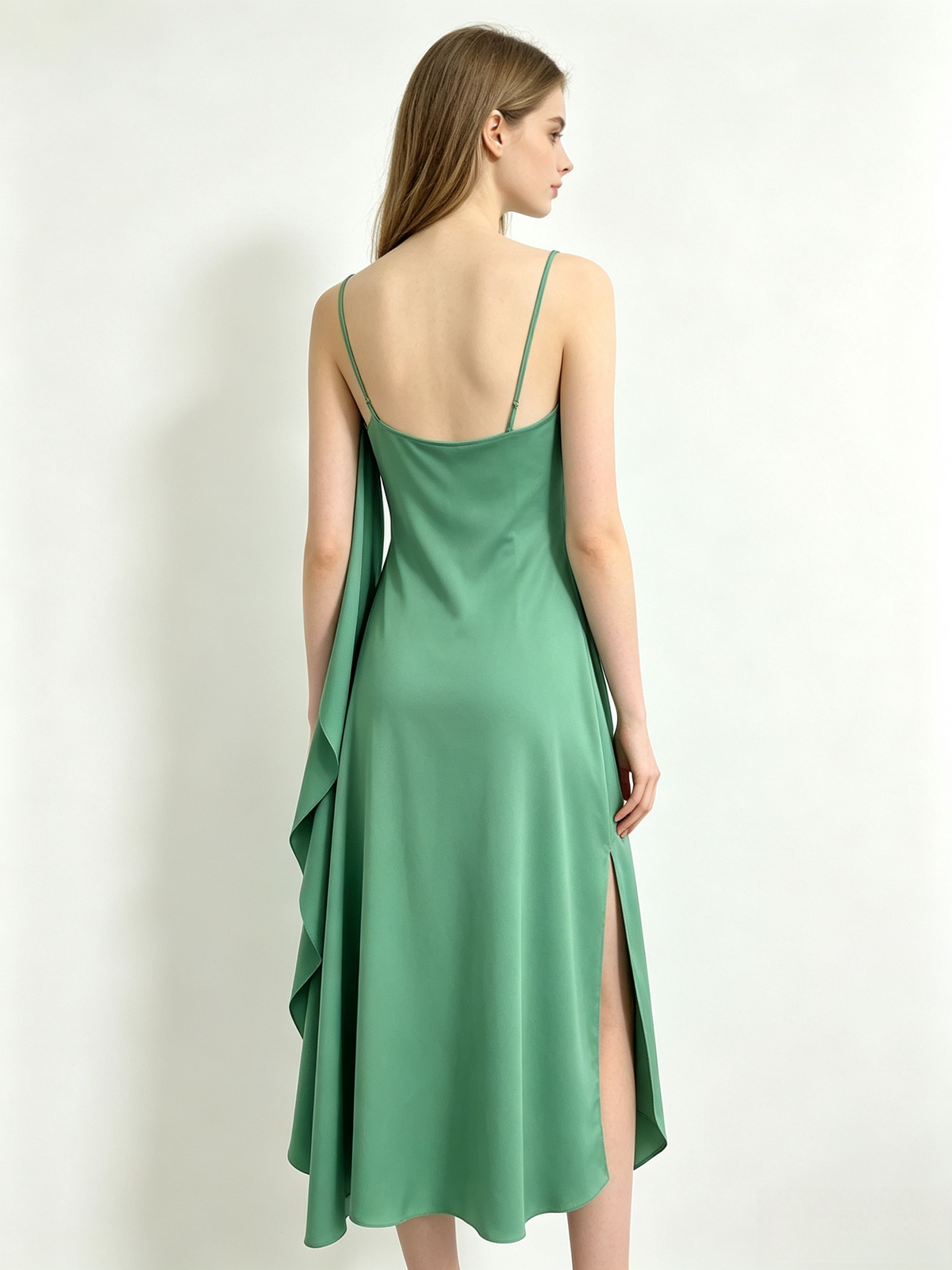 Green Satin Cowl Neck Draped Slit Maxi Slip Dress