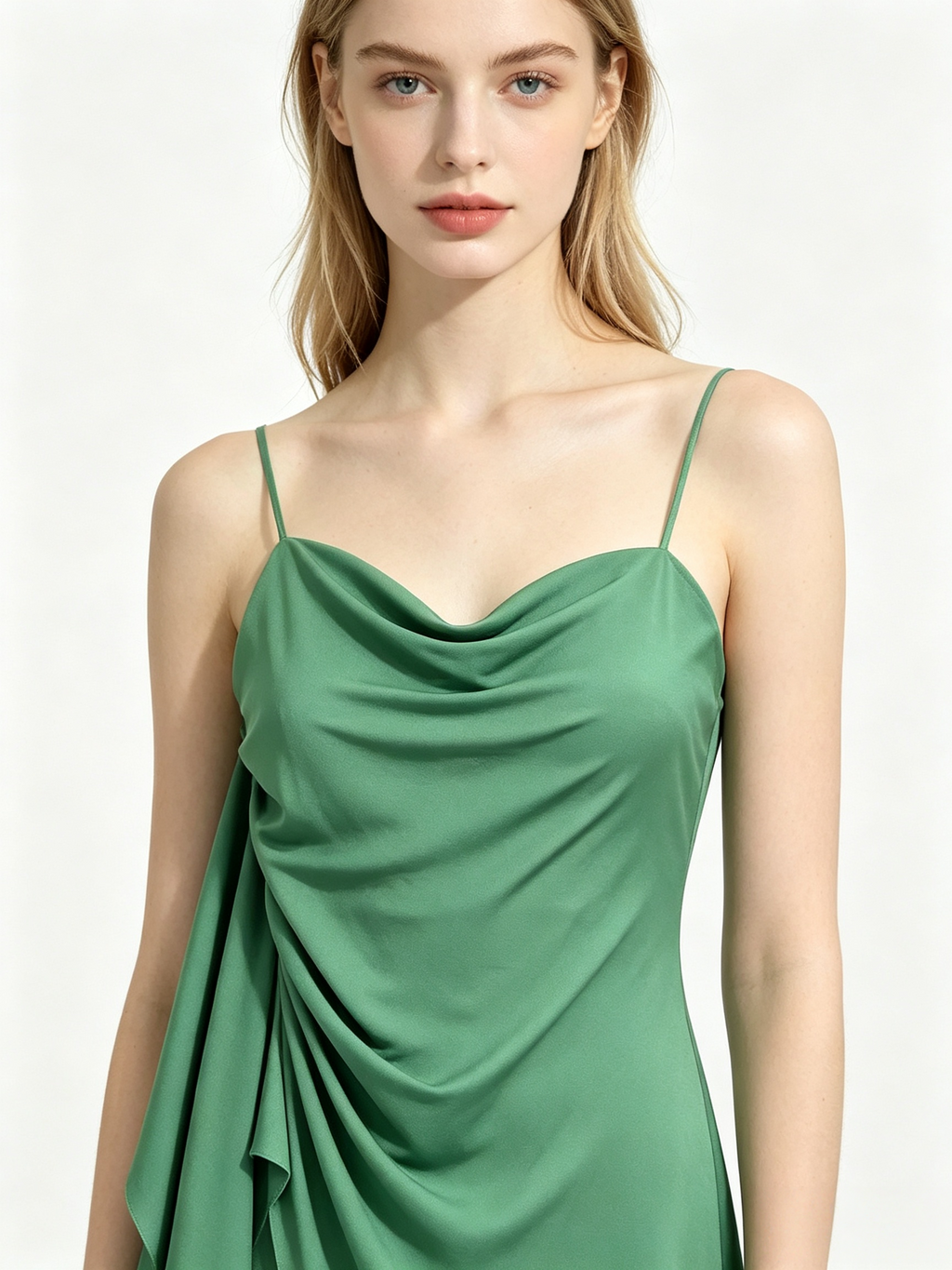 Green Satin Cowl Neck Draped Slit Maxi Slip Dress