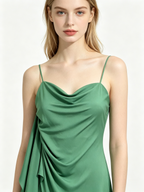 Green Satin Cowl Neck Draped Slit Maxi Slip Dress
