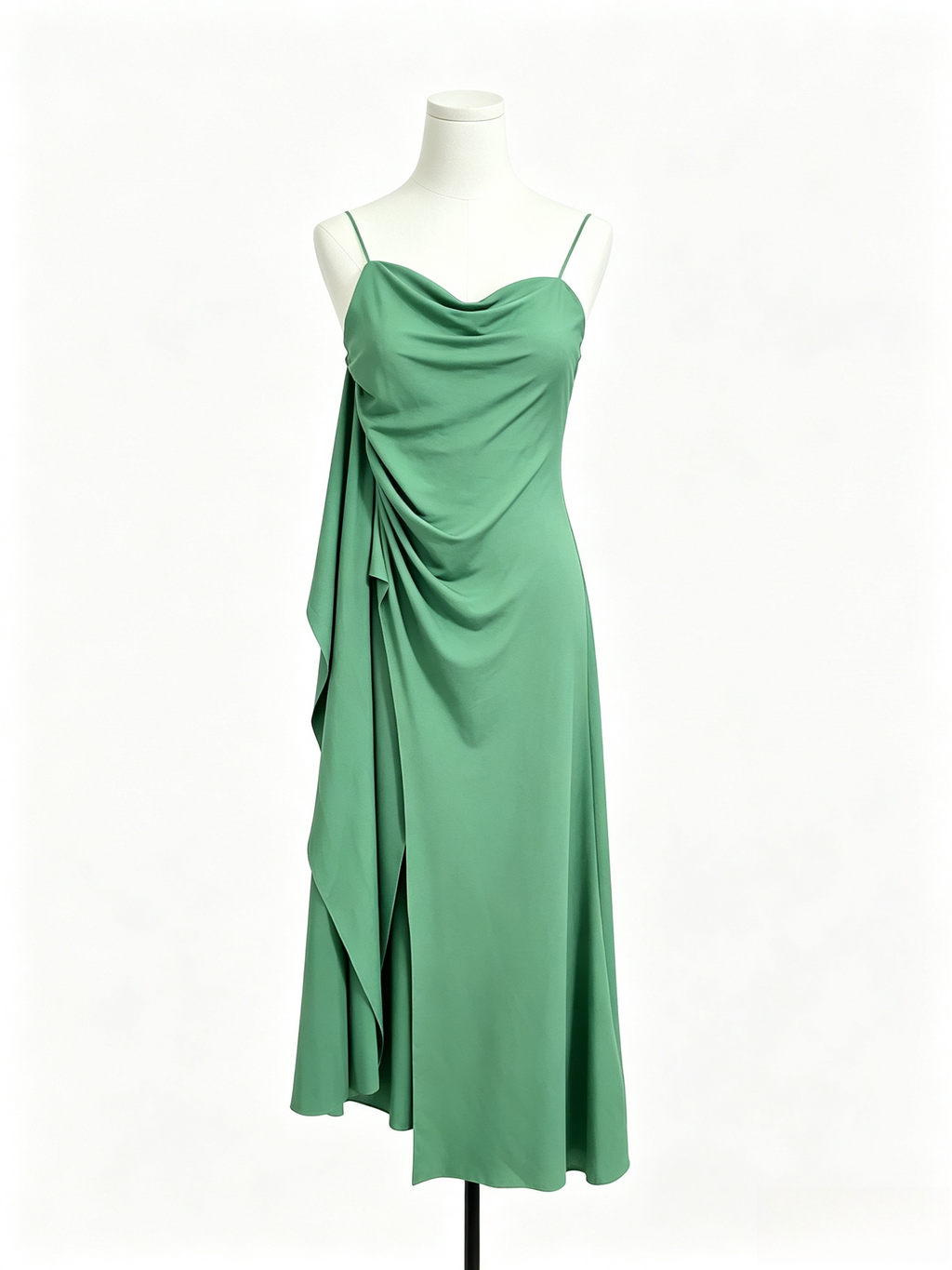 Green Satin Cowl Neck Draped Slit Maxi Slip Dress