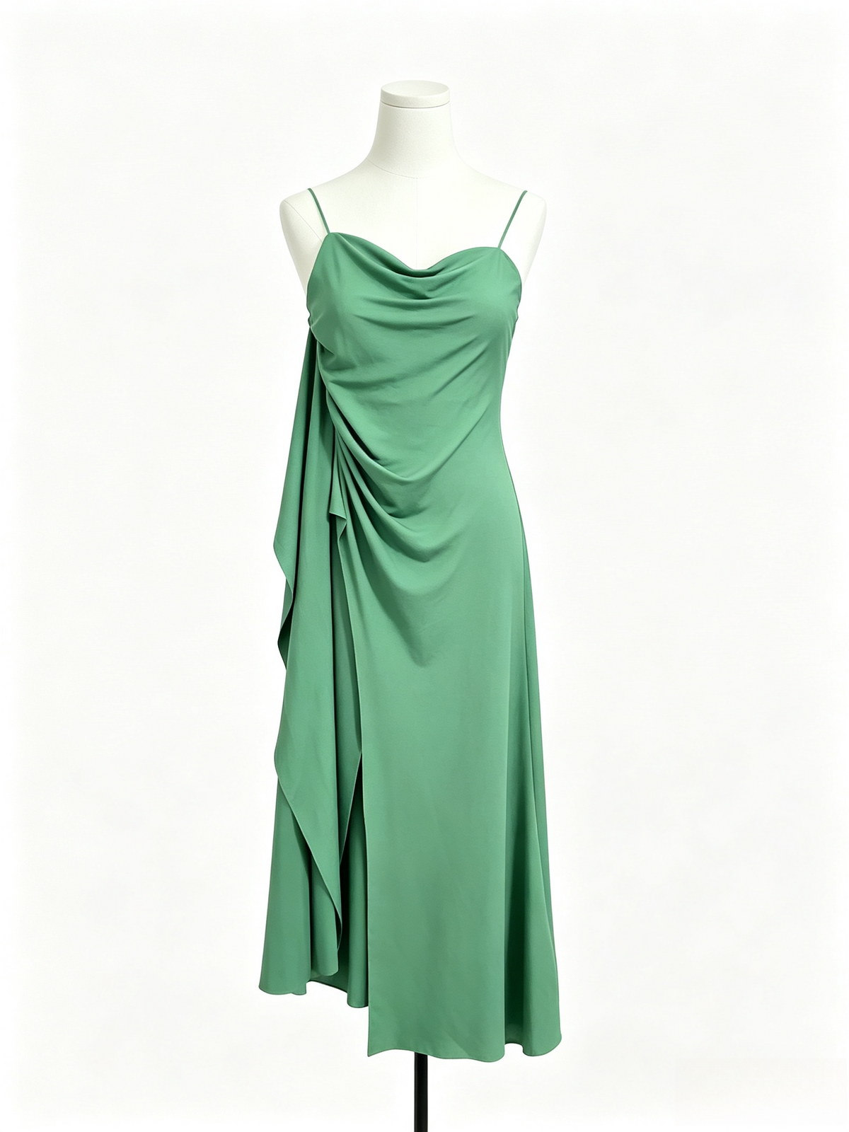 Green Satin Cowl Neck Draped Slit Maxi Slip Dress