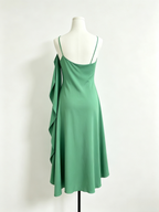 Green Satin Cowl Neck Draped Slit Maxi Slip Dress