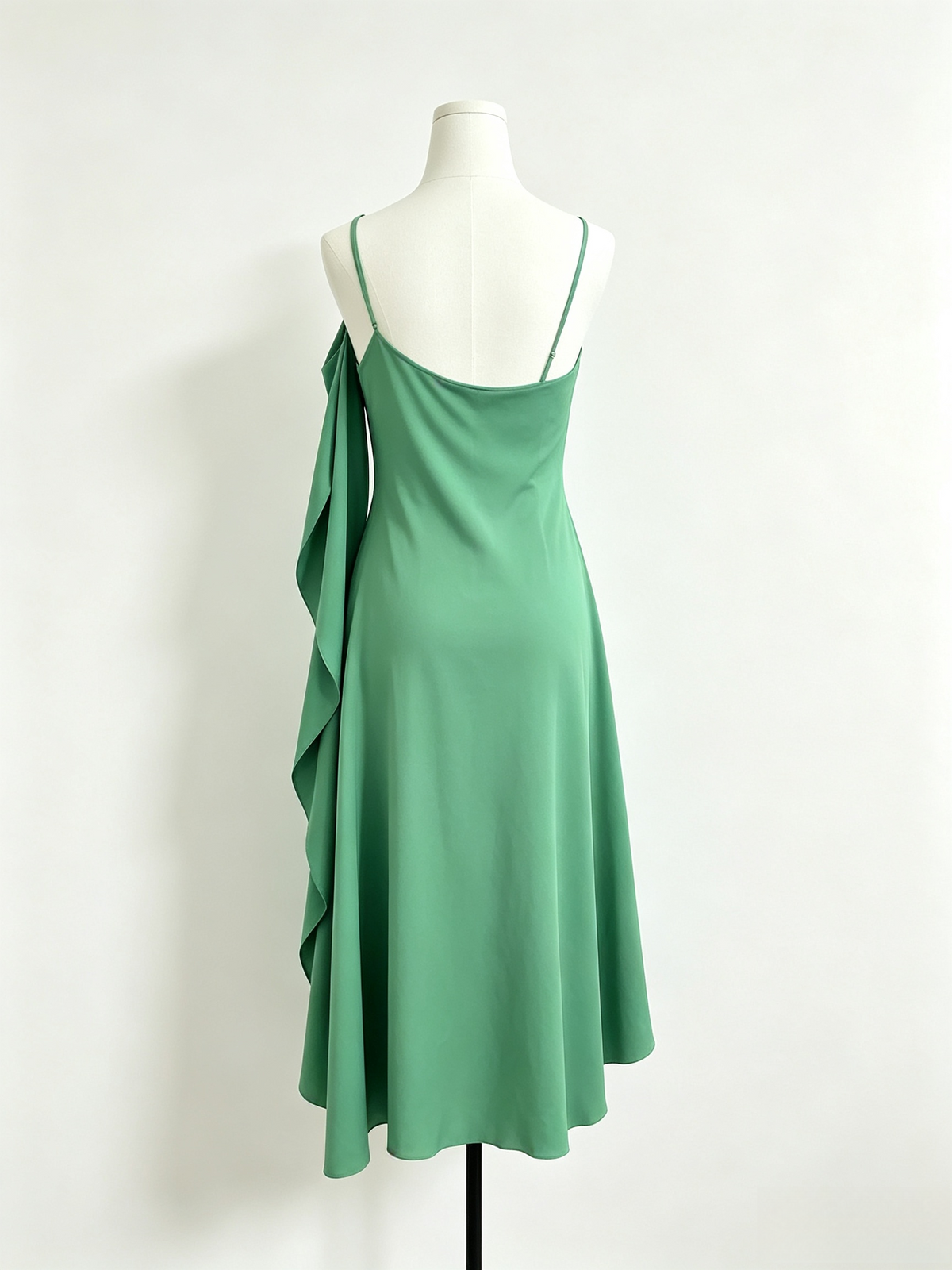Green Satin Cowl Neck Draped Slit Maxi Slip Dress