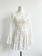 White Floral Lace Square Neck Bell Sleeve Mini Dress