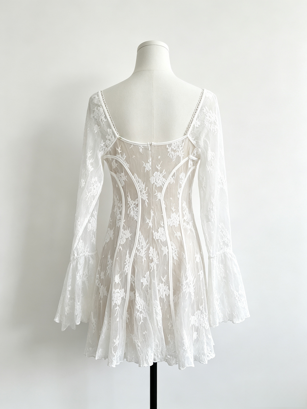 White Floral Lace Square Neck Bell Sleeve Mini Dress