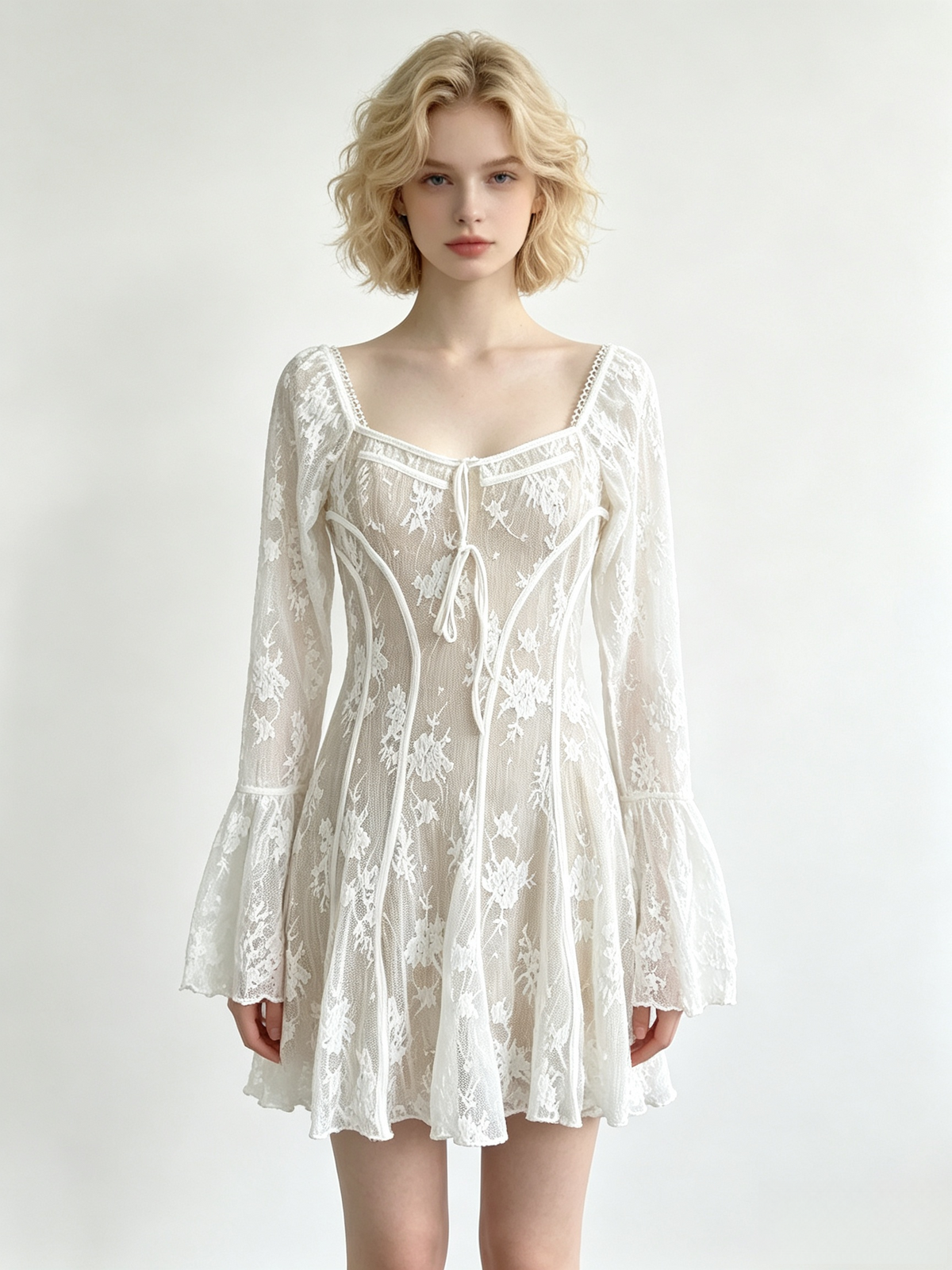 White Floral Lace Square Neck Bell Sleeve Mini Dress