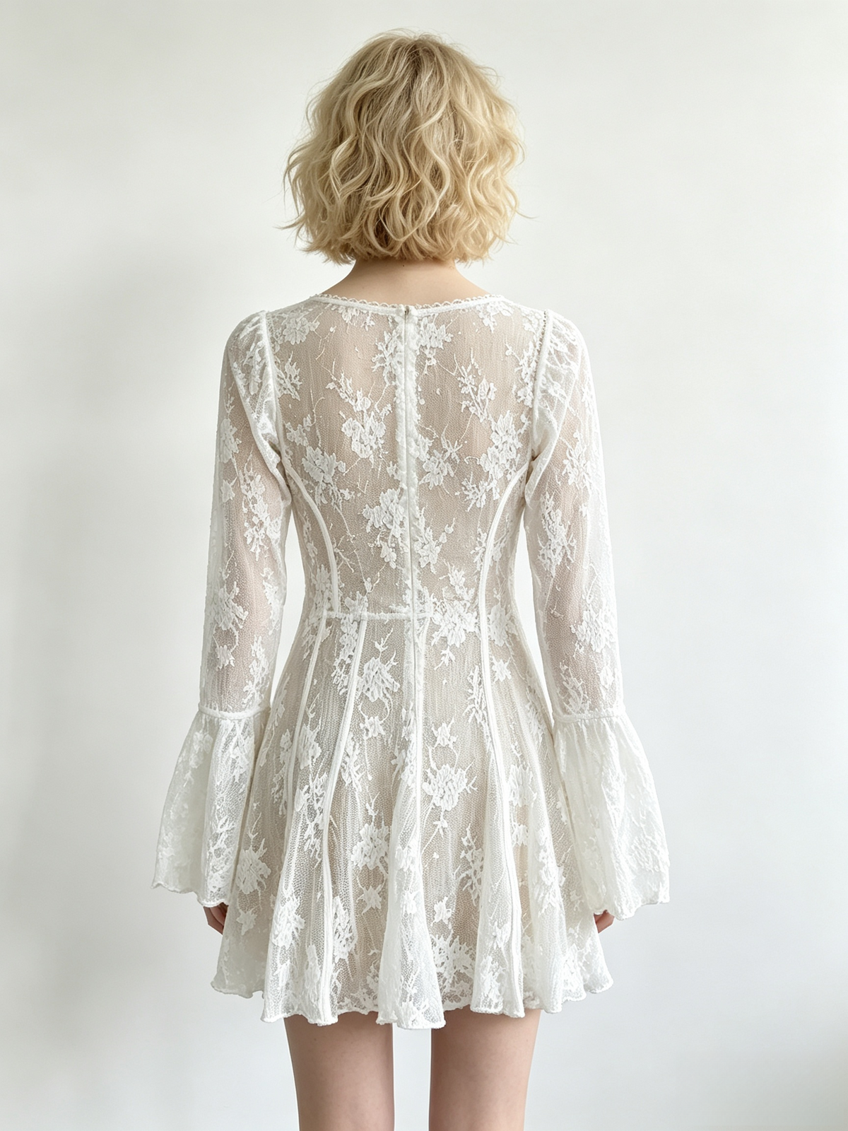 White Floral Lace Square Neck Bell Sleeve Mini Dress