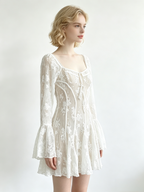White Floral Lace Square Neck Bell Sleeve Mini Dress