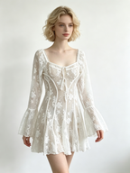 White Floral Lace Square Neck Bell Sleeve Mini Dress