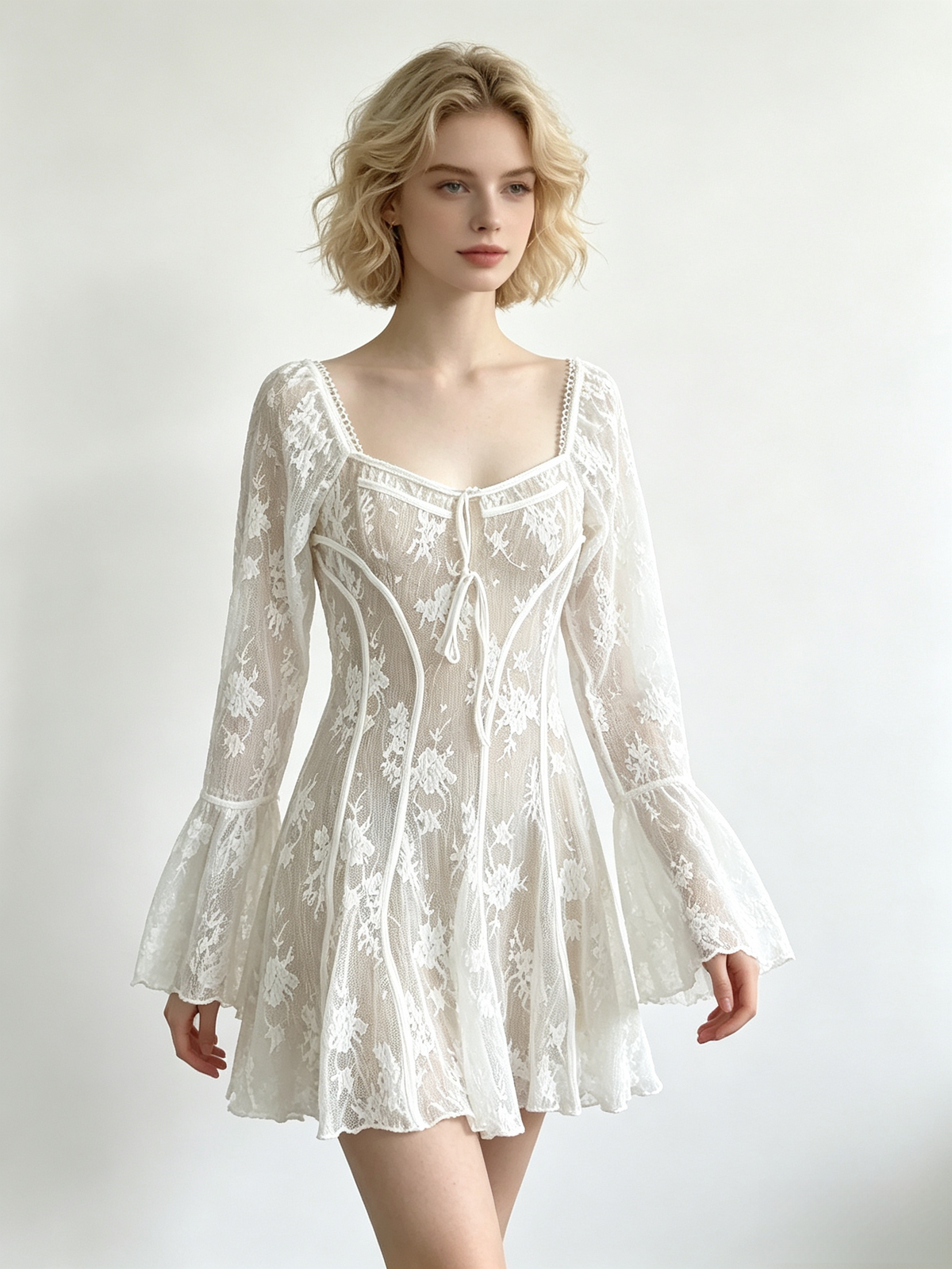 White Floral Lace Square Neck Bell Sleeve Mini Dress