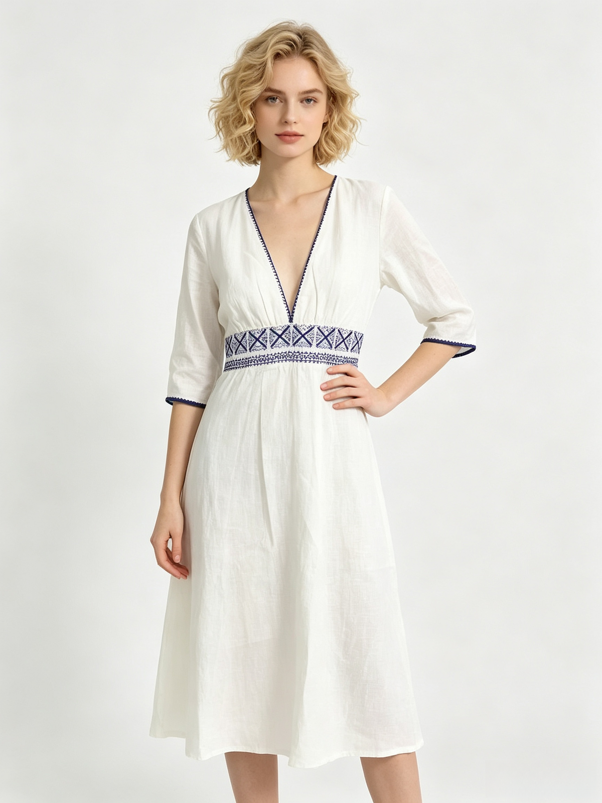 White Linen Ethnic Embroidery V-Neck 3/4 Sleeve Midi Dress