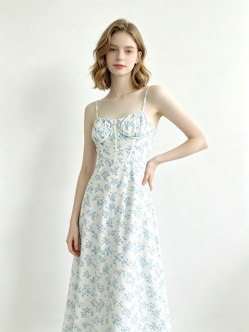 Blue Floral Corset Bust Tie Open Back Midi Cami Dress
